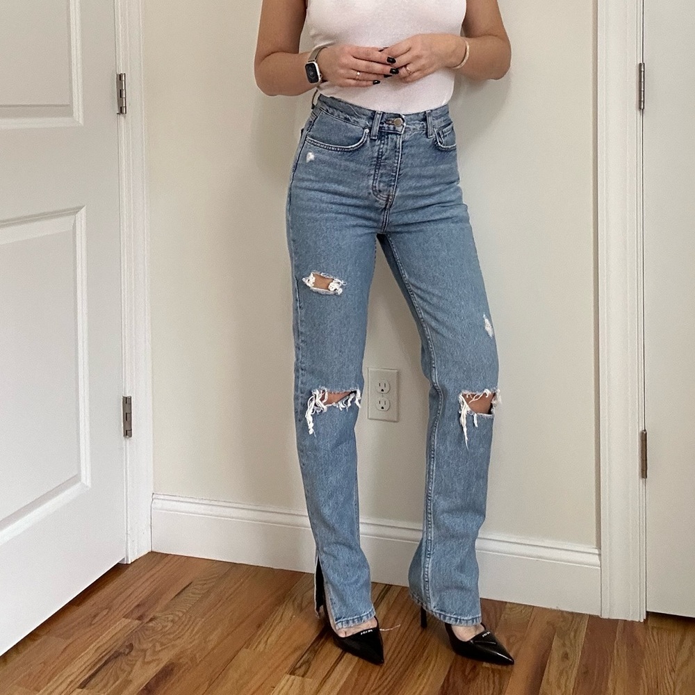 High Waist Side Slit Washed Distressed Jeans
